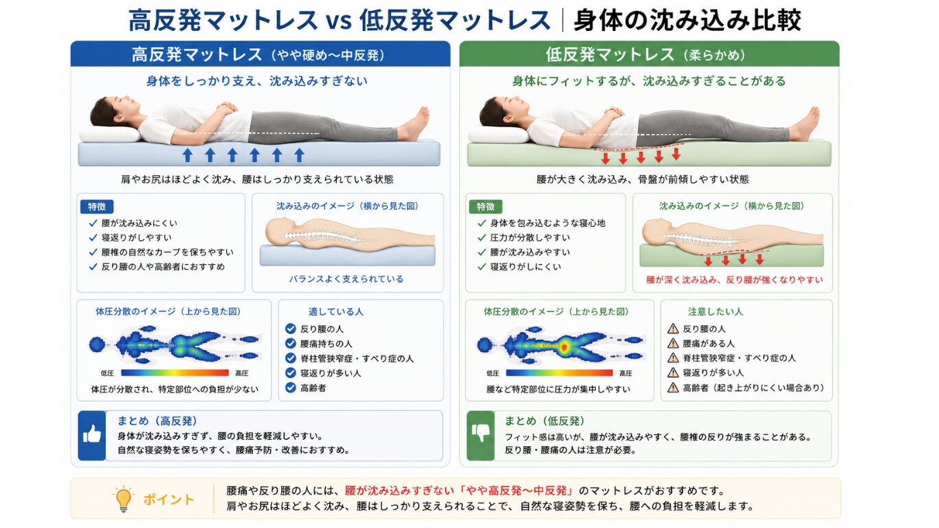 高反発マットレスと低反発マットレスの身体の沈み込み比較