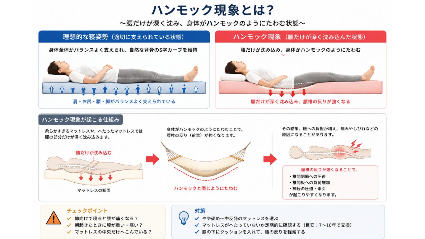 低反発マットレスで腰が深く沈み込むハンモック現象のイメージ