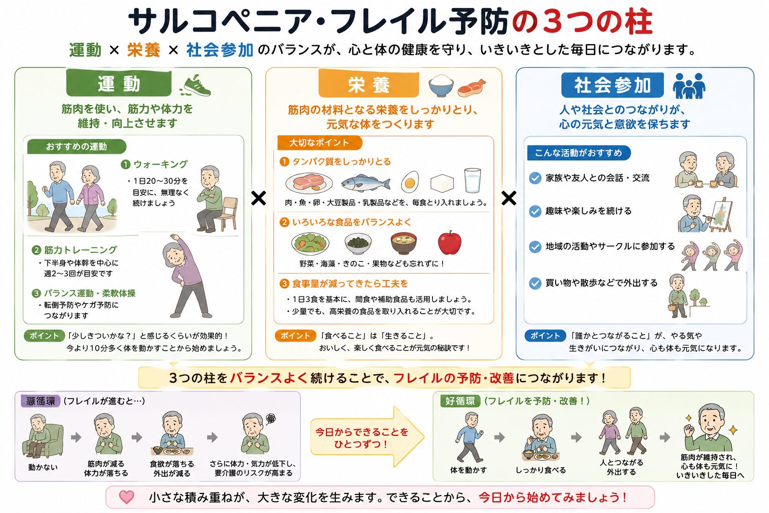 サルコペニア・フレイル予防の3つのポイント（運動・栄養・社会参加）
