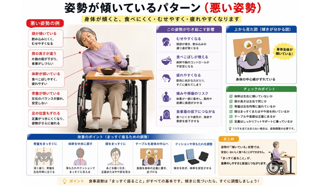 姿勢が傾いているパターン（悪い姿勢）の図解