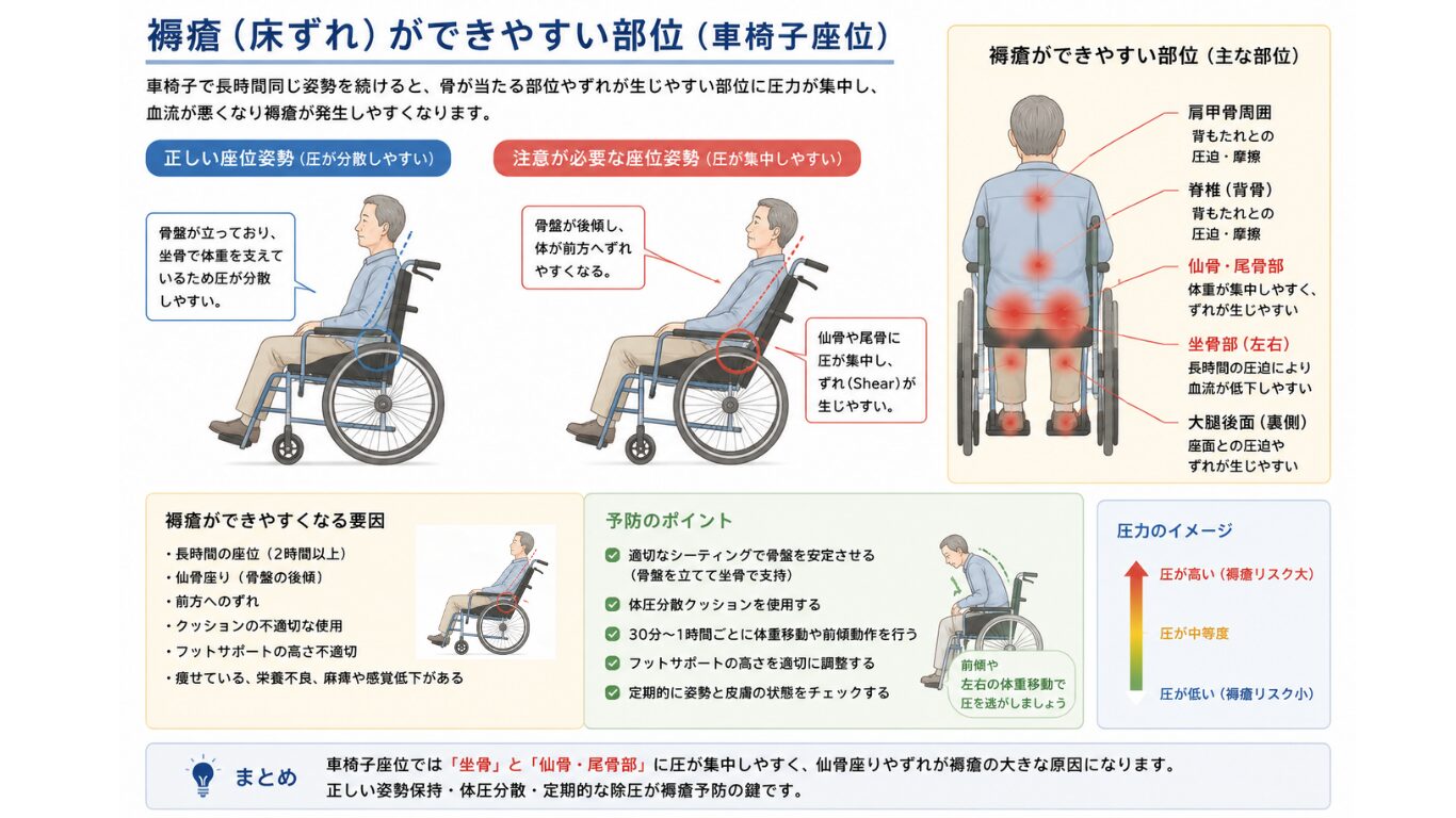 車椅子シーティングと仙骨座り（骨盤後傾）を示す図
