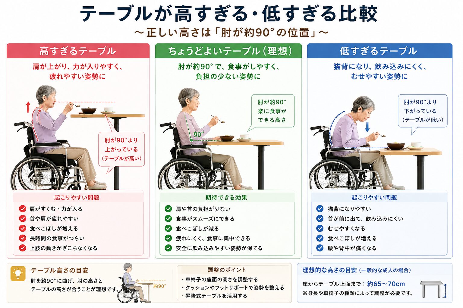 テーブルが高すぎる・低すぎる場合の比較図