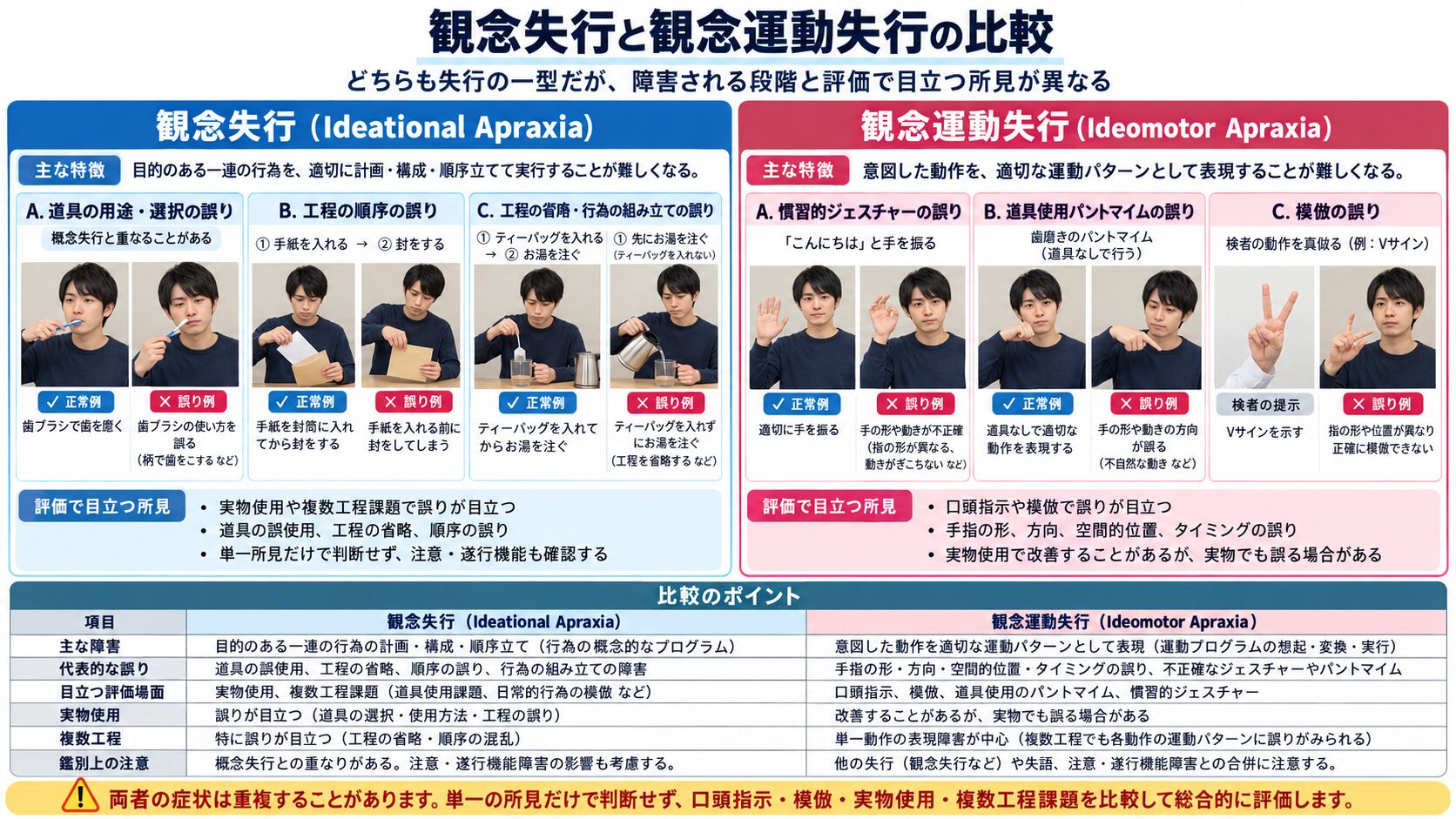 観念失行と観念運動失行の違いを比較した図