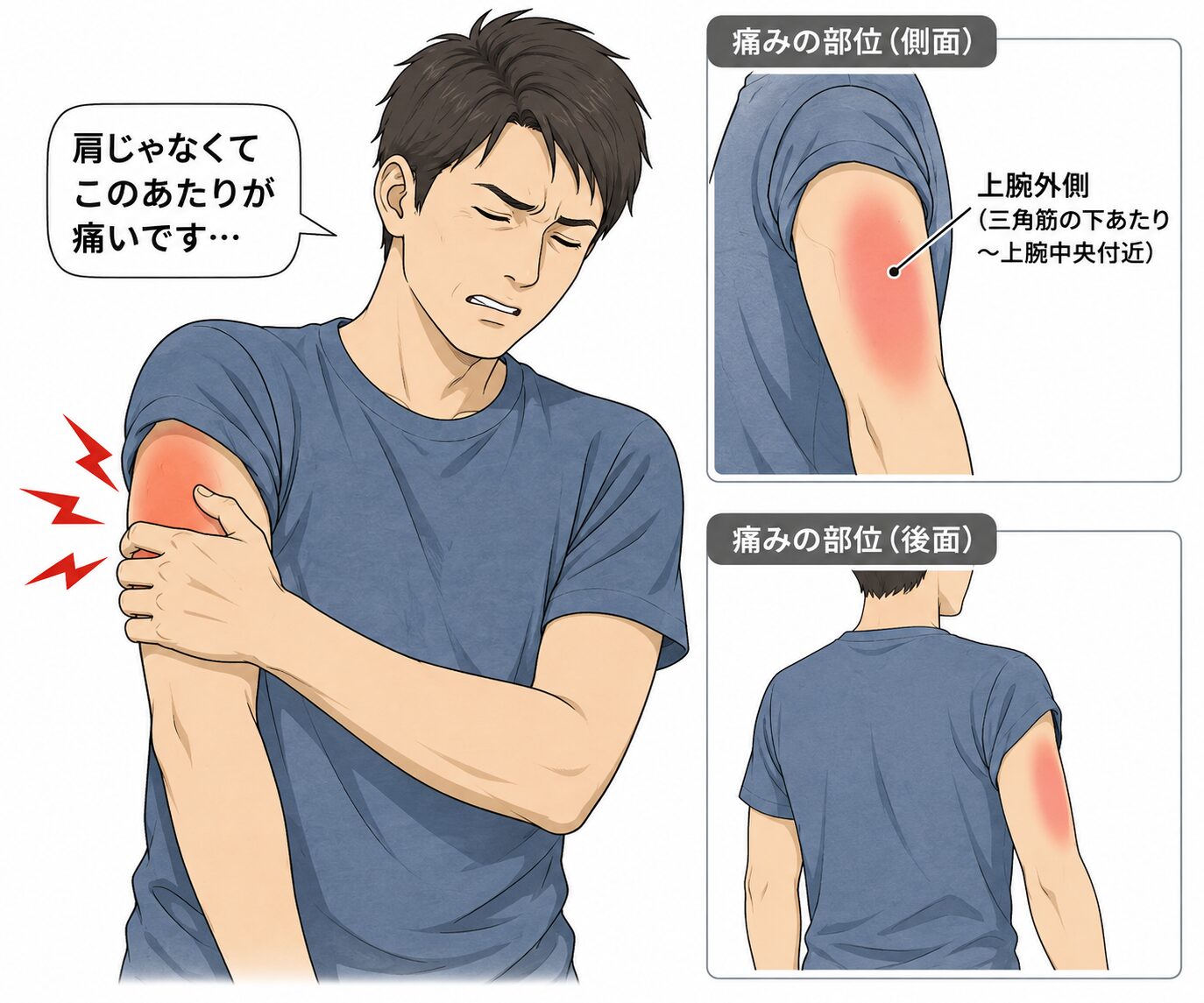 上腕外側の痛みを訴えている男性のイラスト