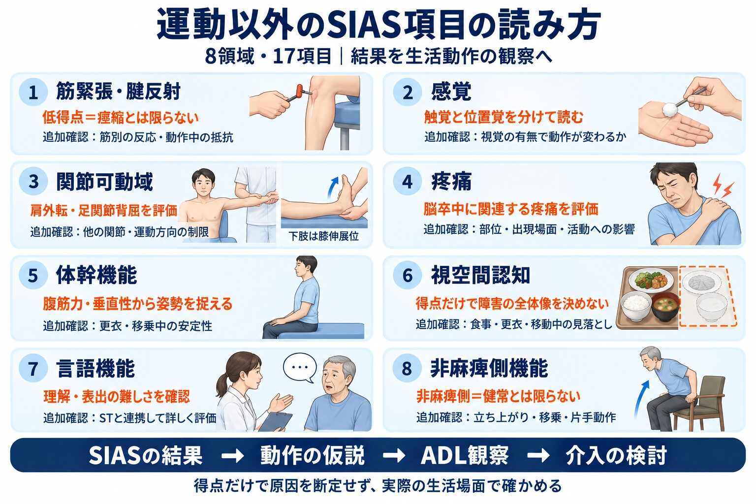 SIASの運動以外の項目：筋緊張・腱反射、感覚、関節可動域、疼痛、体幹機能、視空間認知、言語機能、非麻痺側機能